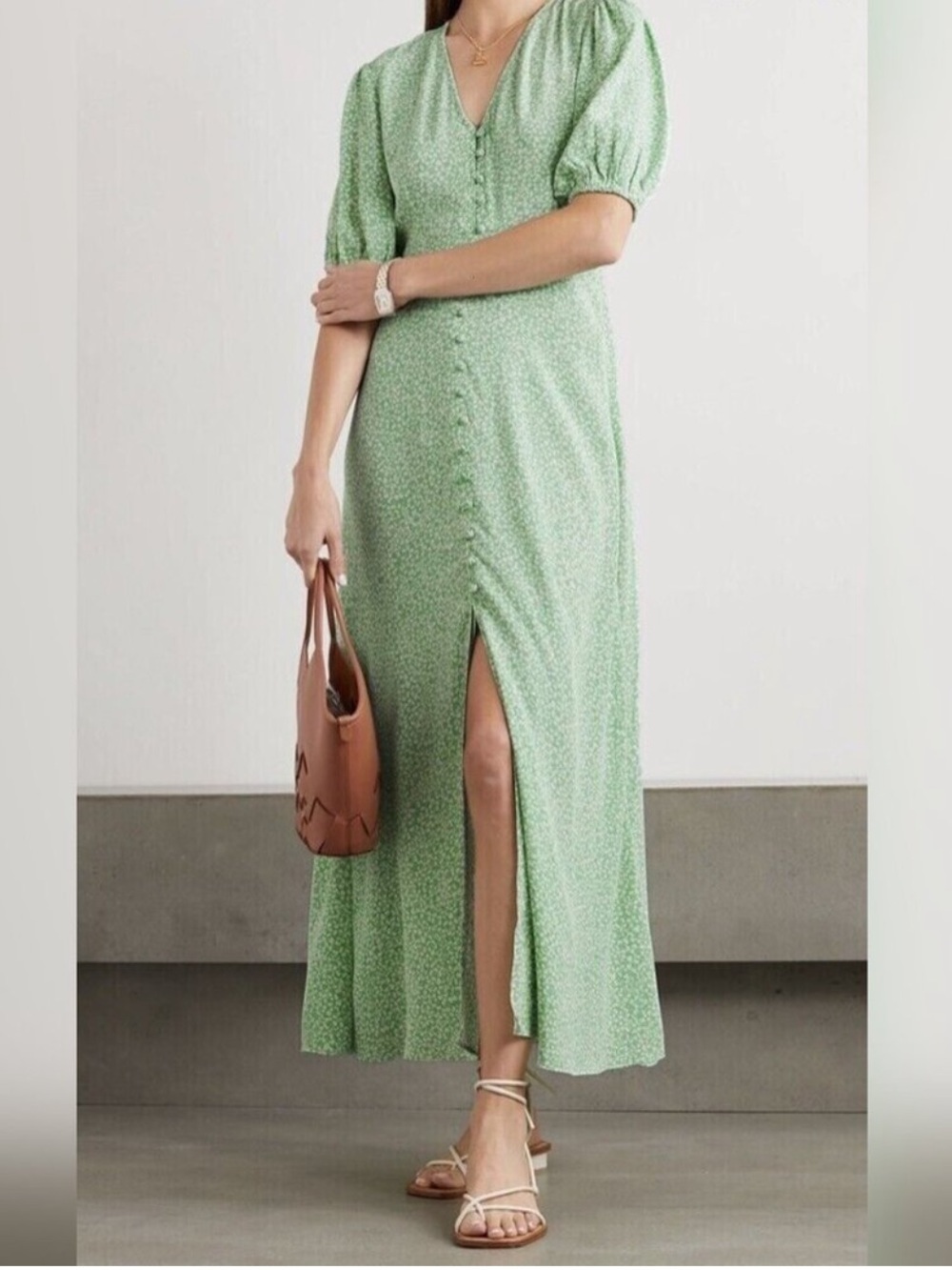 RIXO Staci Poppy Print Midi Dress Green White V-Neck Puff Sleeve Viscose